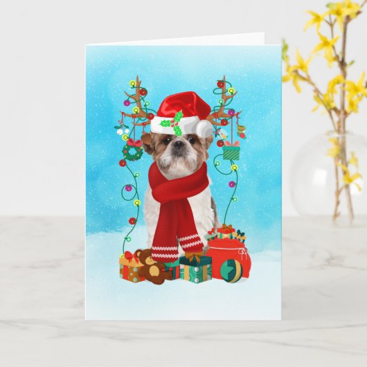 Carte Shih Tzu dans la neige avec cadeaux de Noël (Fleur jaune)