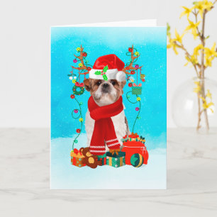 Carte Shih Tzu dans la neige avec cadeaux de Noël
