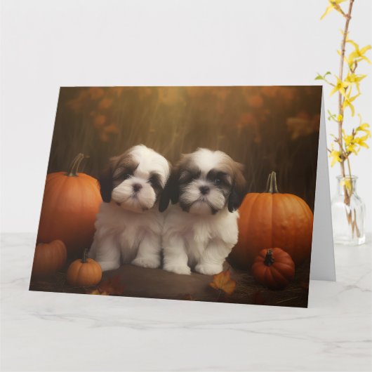 Carte Shih Tzu Puppy Automne Citrouille de plaisir (Fleur jaune)