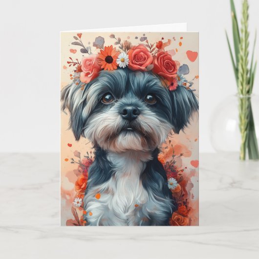 Carte Shih Tzu romantique dans une couronne en forme de (Devant)