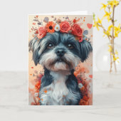 Carte Shih Tzu romantique dans une couronne en forme de (Fleur jaune)