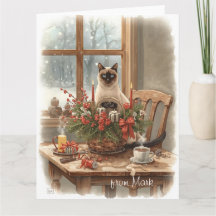 Siamese Cat arranging Flowers Winter Christmas