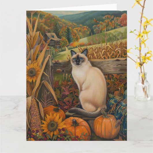 Carte Siamese Chat Automne Harvest Thankgiving (Fleur jaune)