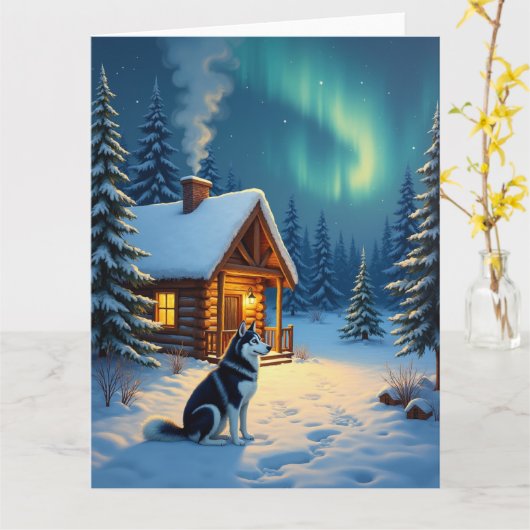 Carte Siberian Husky Snowy Cabin Christmas Painting (Fleur jaune)