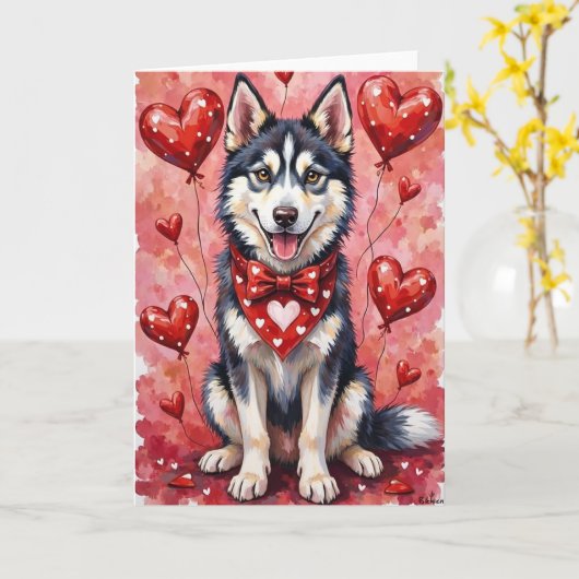 Carte Siberian Husky Valentine Dog Sitting with Hearts (Fleur jaune)