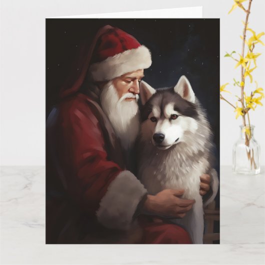 Carte Sibérien Husky avec Noël Festif du Père Noël (Fleur jaune)