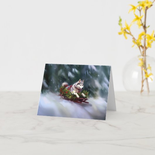 Carte Sibérien Husky neige de Noël hiver (Fleur jaune)