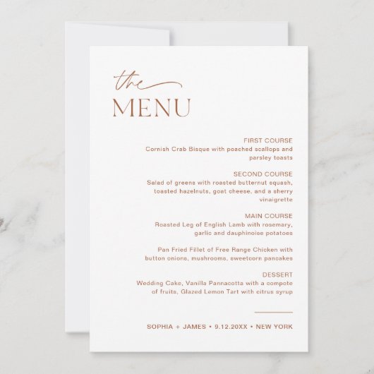 Carte SIENNA Mariage Diner Menu 5x7 (Devant)