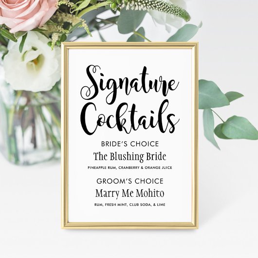Carte Signature Cocktails Mariage de script noir moderne