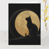 Carte Silhouette de chat noir sur une lune dorée (Fleur jaune)