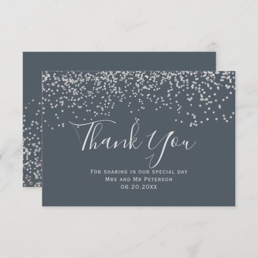 Carte Silver confetti bleu poussiéreux typographie merci (Devant / Derrière)