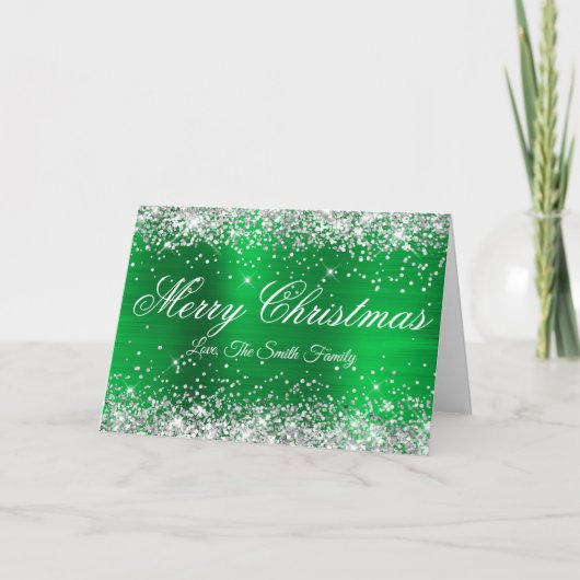 Carte Silver Glitter Bright Green Foil Merry Christmas (Devant)
