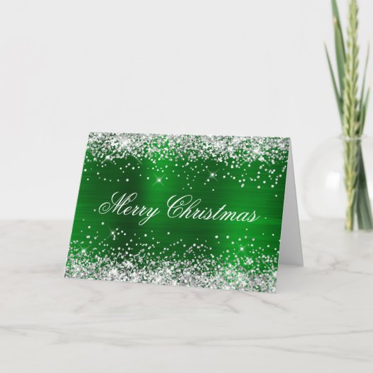 Carte Silver Glitter Metallic Green Family Photo (Devant)