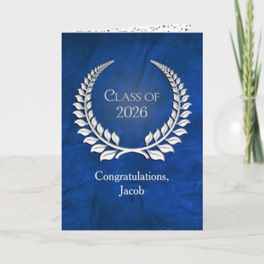 Carte Silver Graduation 2026 Laurel Wreath On Blue (Devant)