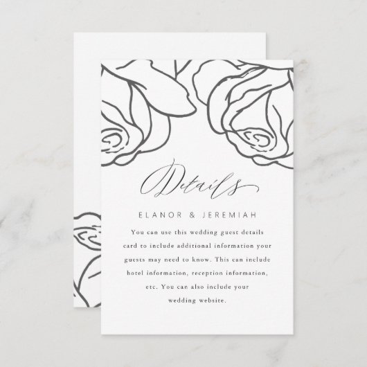 Carte Simple Black Floral Mariage Détails de l'invité (Devant / Derrière)