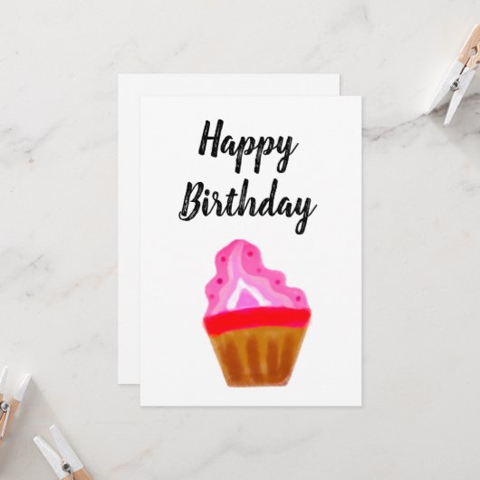 Carte simple cupcake rose élégant heureux anniversaire (Devant/Arrière en situation)