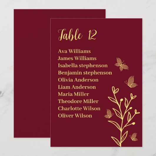 Carte simple de carte de sièges bordeaux fleurs d' (Devant / Derrière)