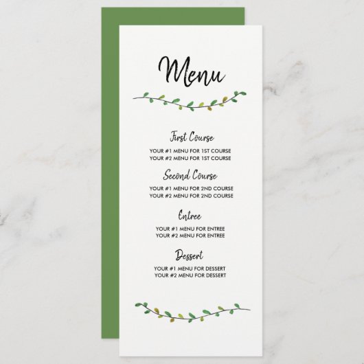 Carte simple de menu de mariage de verdure (Devant / Derrière)