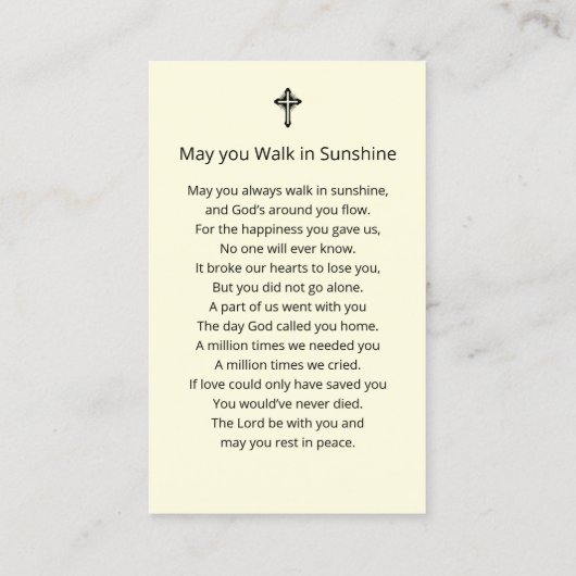 Carte simple de prière commémorative funéraire (Dos)