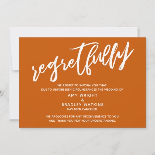 Carte simple de regrets orange brûlé pour mariage (Devant)