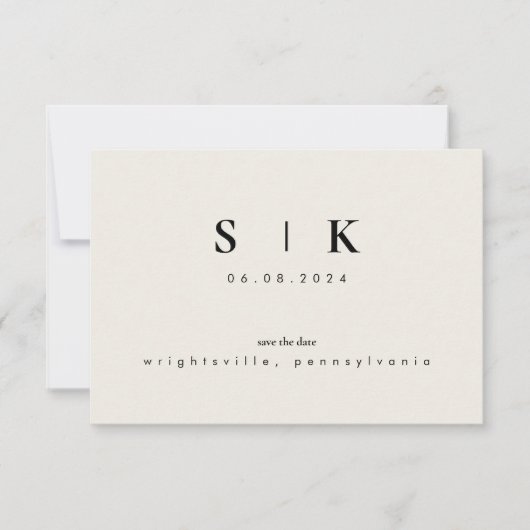 Carte Simple Élégant Monogramme Beige Enregistrer la Dat (Devant)