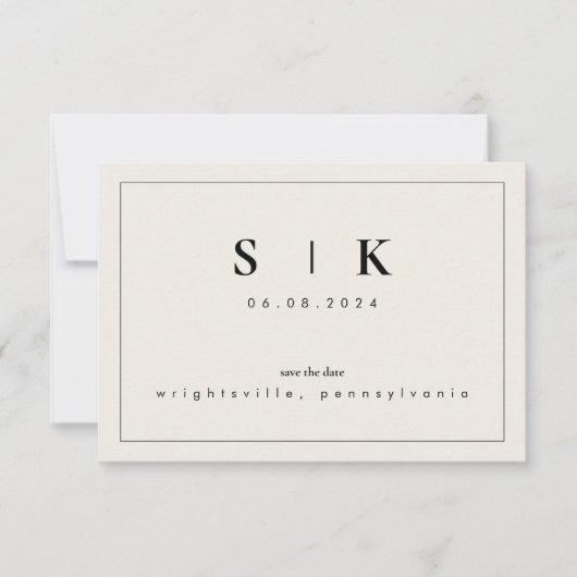 Carte Simple Élégant Monogramme Beige Enregistrer la Dat (Devant)