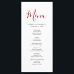 Carte simple Mariage rouge<br><div class="desc">Conçues pour coordonner avec ma collection d'aquarelles, ces cartes de menu simples peuvent être personnalisées avec vos noms et choix de repas. Le mot Menu est défini dans un script de calligraphie moderne en rouge baies. La carte minimaliste revient à une couleur complète. Parfait pour les mariages de Noël, les...</div>