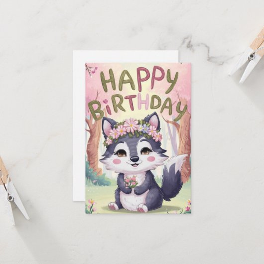 Carte Simple mignon Wolf Digital Anniversaire (Devant/Arrière en situation)