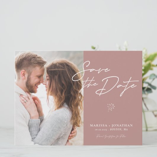 Carte Simple Modern Script Photo Enregistrer La Date (Debout devant)