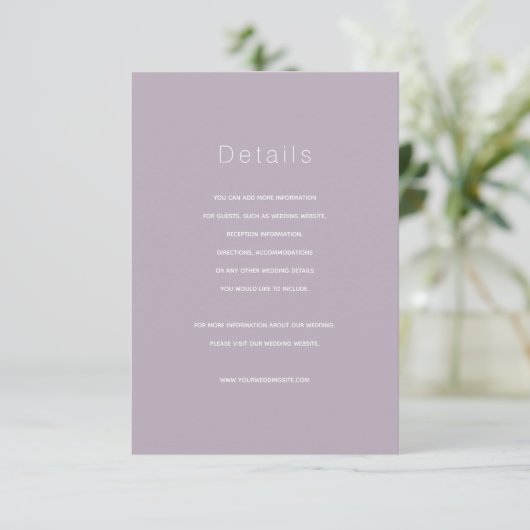 Carte simple moderne Dusty Lilac Mariage Détails (Debout devant)