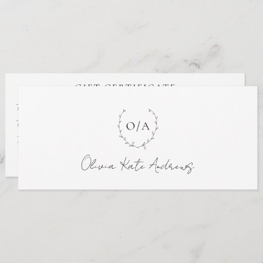 Carte Simple Monogramme Wreath Élégant certificat cadeau (Devant / Derrière)