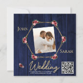 Carte Simple Navy Blue Burgundy Photo Mariage QR Code (Devant)