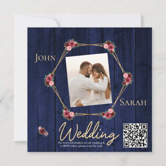 Carte Simple Navy Blue Burgundy Photo Mariage QR Code (Devant)