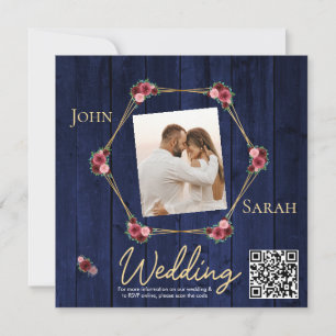 Carte Simple Navy Blue Burgundy Photo Mariage QR Code
