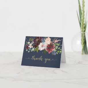 Carte Simple Navy Gold Burgundy Floral Baby Merci