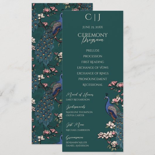 Carte simple Rustique Floral Peacock Programme de  (Devant / Derrière)