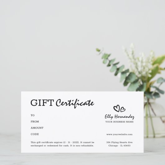 Carte Simple Script Logo Coeur Black Certificat cadeau (Debout devant)