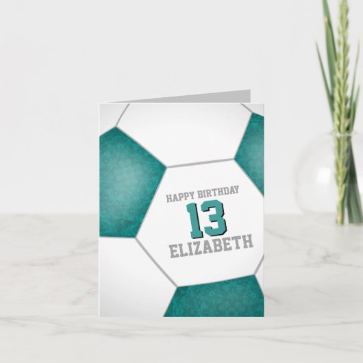 Carte simple turquoise balle de football blanc heureux a (Devant)