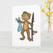 Carte Singe à la pêche avec canne à pêche et poisson (Fleur jaune)