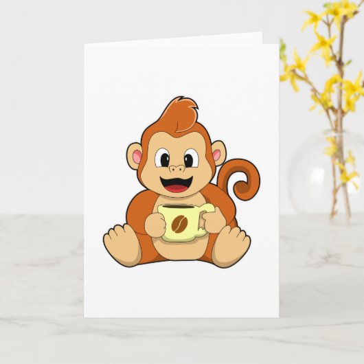 Carte Singe avec une tasse de café (Fleur jaune)