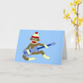 Carte Singe De Sock Jouant Guitare Bleue (Fleur jaune)