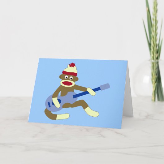 Carte Singe De Sock Jouant Guitare Bleue (Devant)