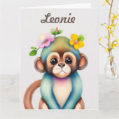 Carte singe mignon, peinture à l'aquarelle (Fleur jaune)