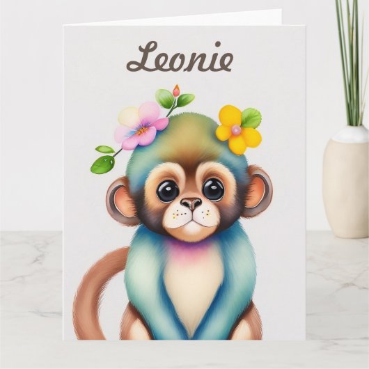 Carte singe mignon, peinture à l'aquarelle (Devant)