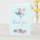 Carte Sirène chevauchant un dauphin sous le Merci marin (Fleur jaune)