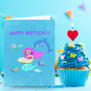 Carte Sirène étincelante lisant des livres Joyeux Annive