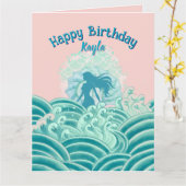 Carte Sirène Rose Turquoise Vagues de l'Océan Fête d'Ann (Fleur jaune)