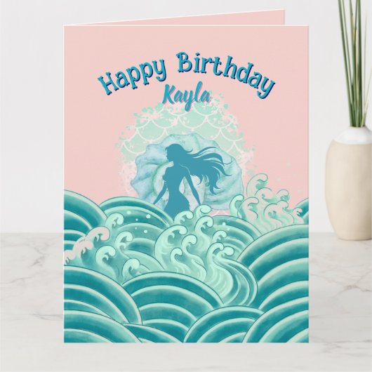 Carte Sirène Rose Turquoise Vagues de l'Océan Fête d'Ann (Devant)