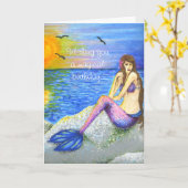 Carte Sirène sur la plage Anniversaire (Fleur jaune)