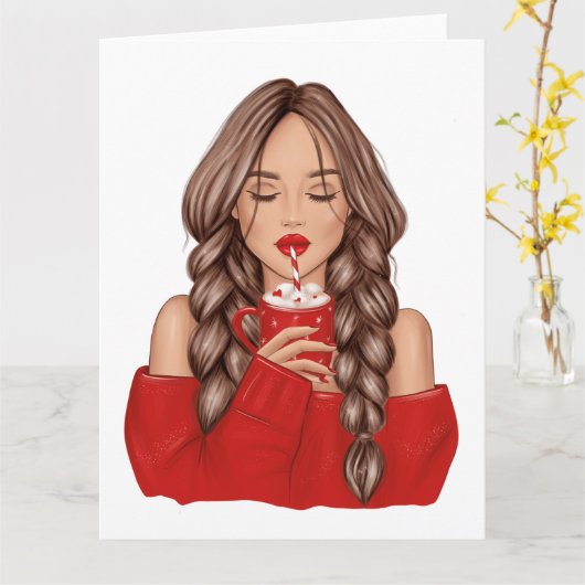 Carte Siroter du Chocolat Chaud en Hiver avec un Pull Ro (Fleur jaune)